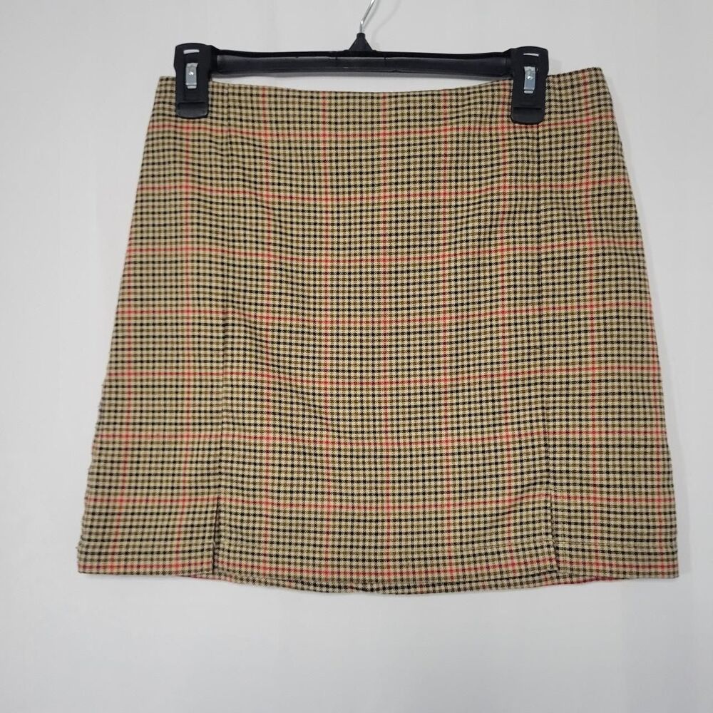 Y2K Style Sky and Sparrow Brown Plaid Mini Skirt with Side Slits L